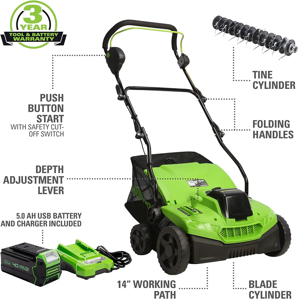 40V 2-In-1 Dethatcher Scarifier with 5Ah Battery and Charger J451