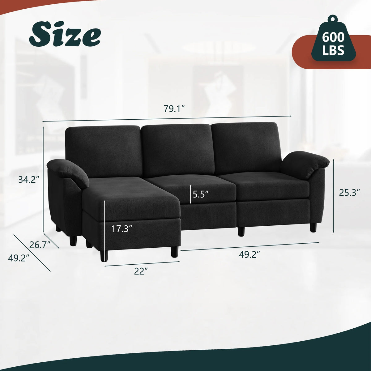 79" Convertible Sectional Sofa Couch, Linen Fabric L Shaped Sofa with Removable Pillows Black V6417