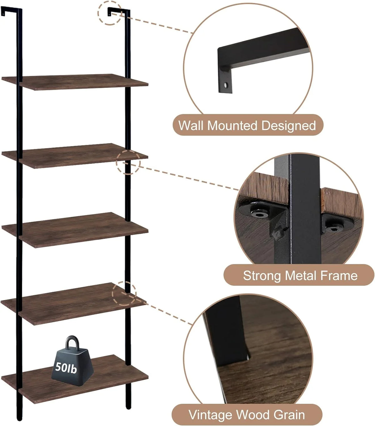 Brown 5-Tier Wood Ladder Shelf G82333