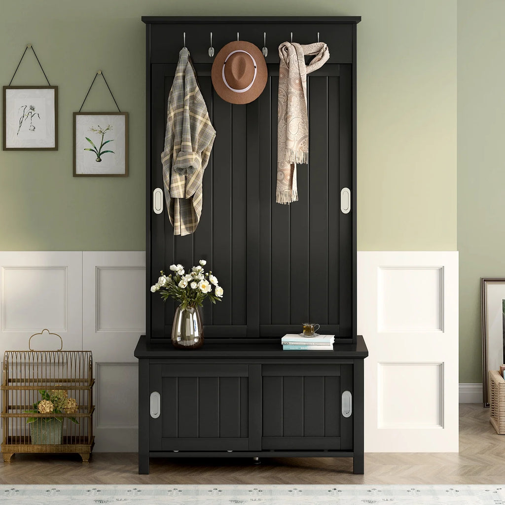 Black Wooden Hall Tree with Bench and Shoe Storage X1396