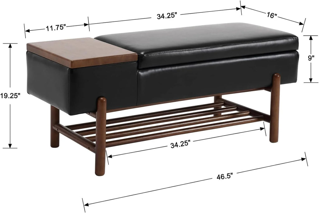 Black Leather Storage Bench with Shoe Rack F4308