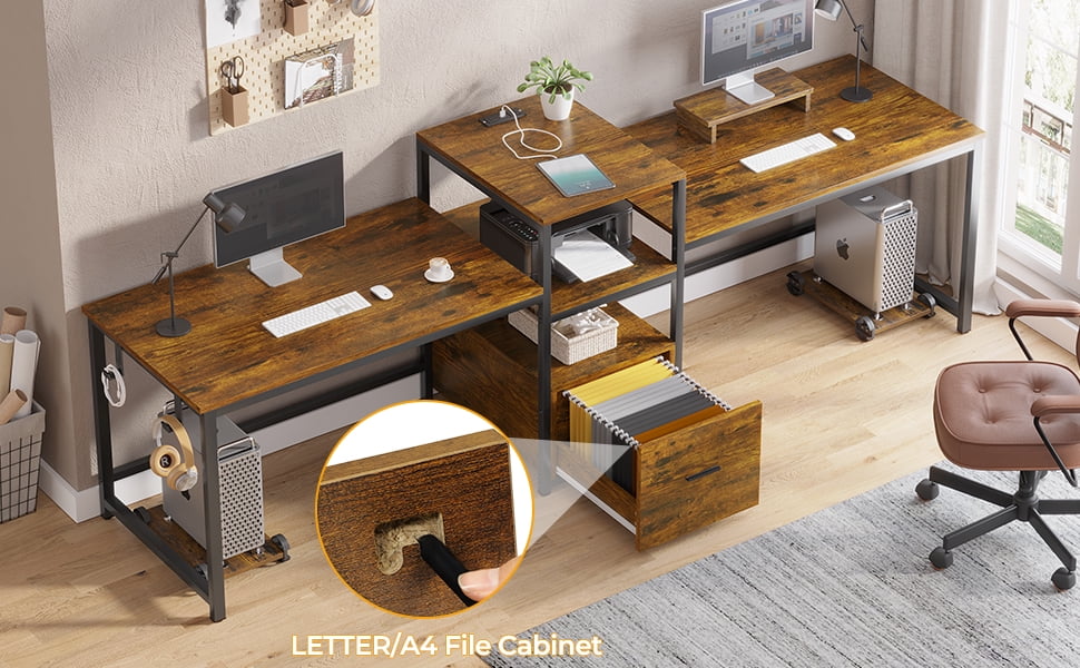 Brown Computer Desk with File Drawer and USB Port U35318