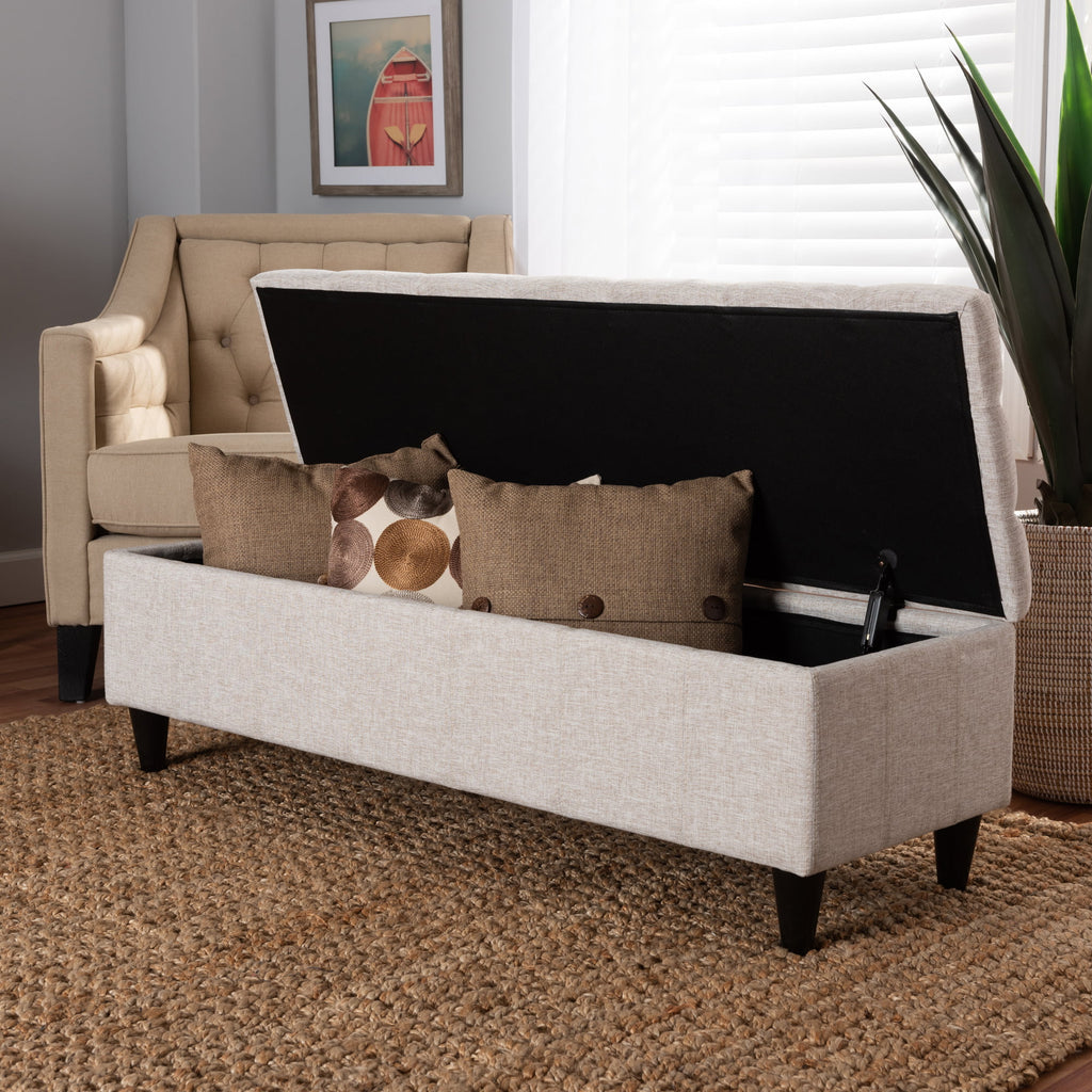 Beige Fabric Upholstered Wood Storage Bench Ottoman O87498