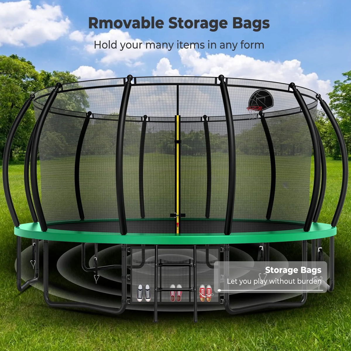 16FT Trampoline with Enclosure, Basketball Hoop, Shoes Bags R357