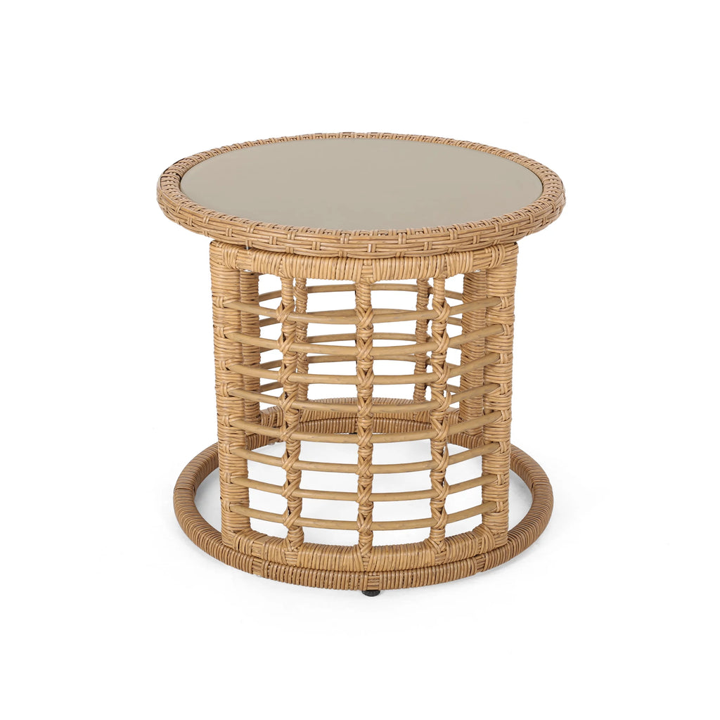 Light Brown Wicker Side Table with Tempered Glass Top F761729