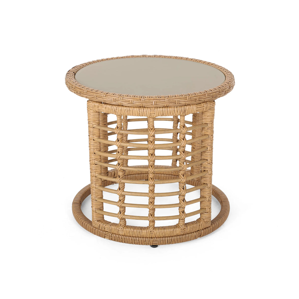 Light Brown Wicker Side Table with Tempered Glass Top F761729