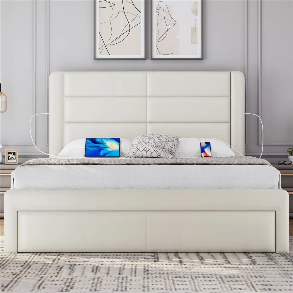 Beige Upholstered Platform Full Bed with 3 Storage Drawers Q6343