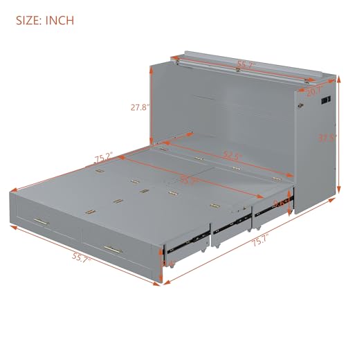Queen Size Murphy Wall Bed with USB Charging Station and Storage Drawer L74993