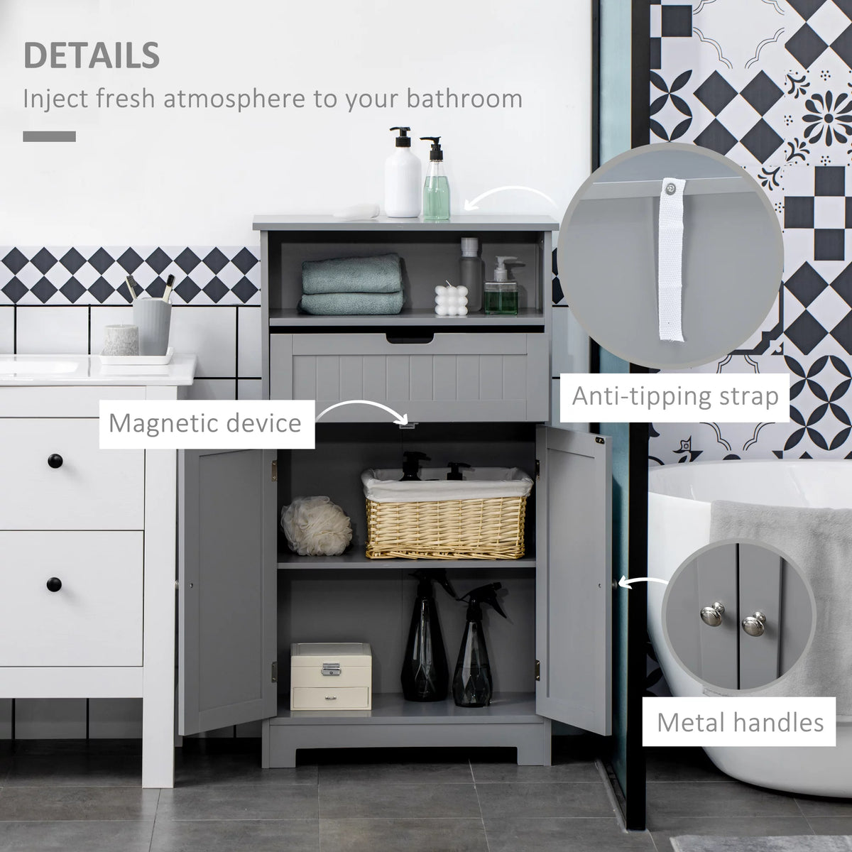 Grey Freestanding Bathroom Storage Cabinet with Drawer and Adjustable Shelf K70029