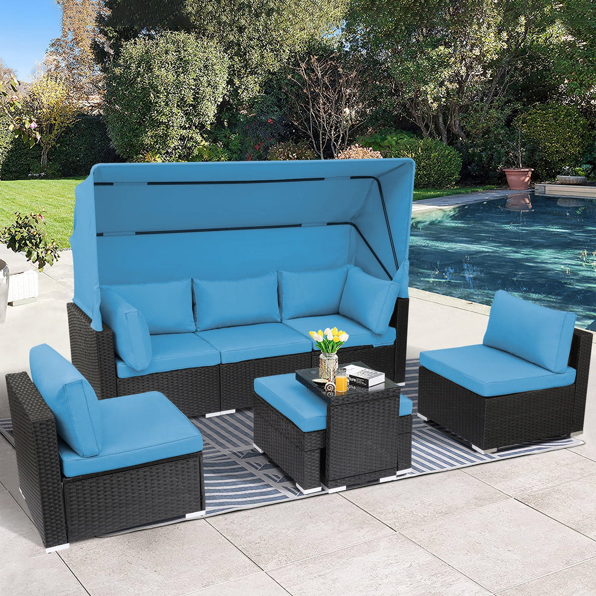 7 Piece Outdoor Sectional Sofa Set with Retractable Canopy Z25821