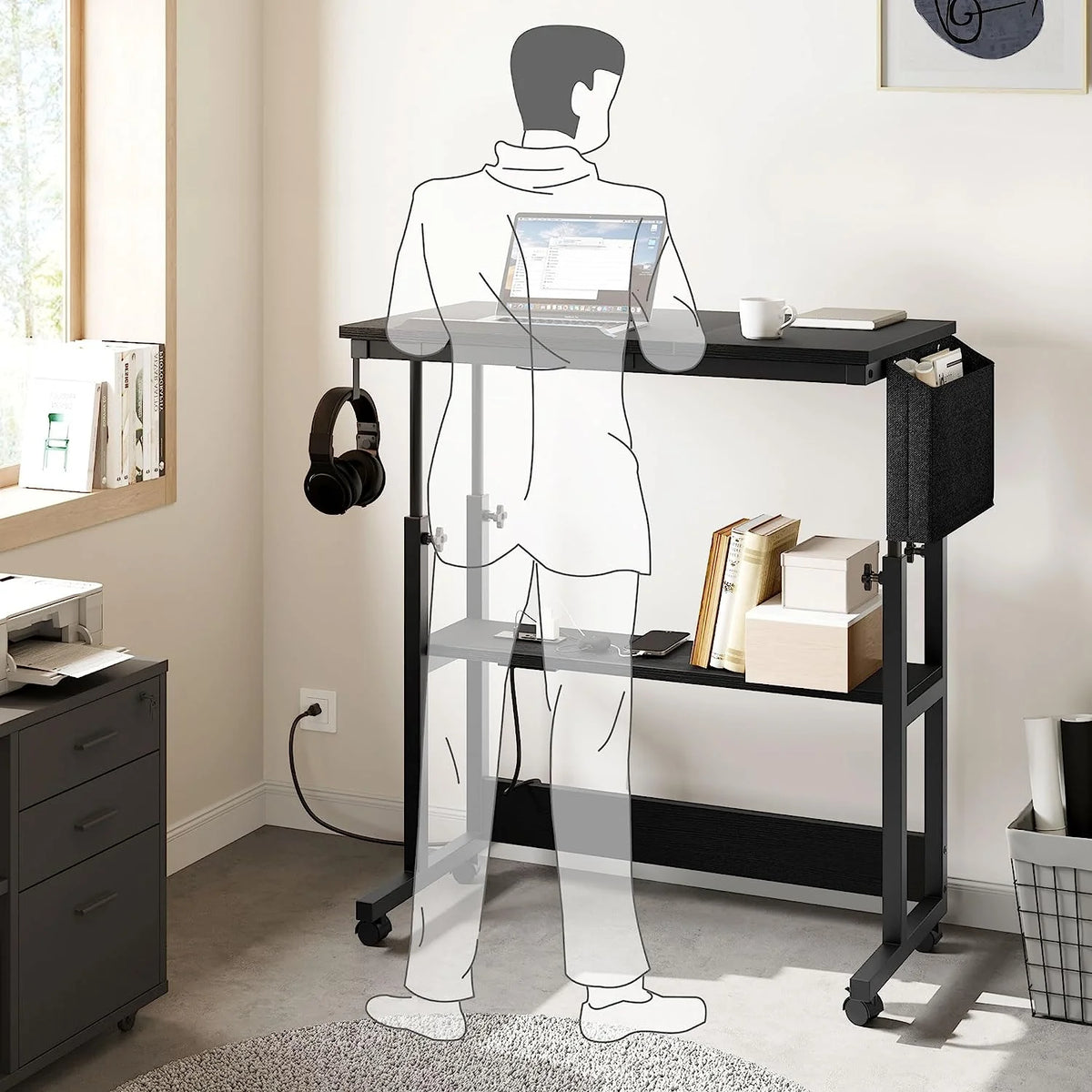 Black Adjustable Standing Desk with Wheels J46144