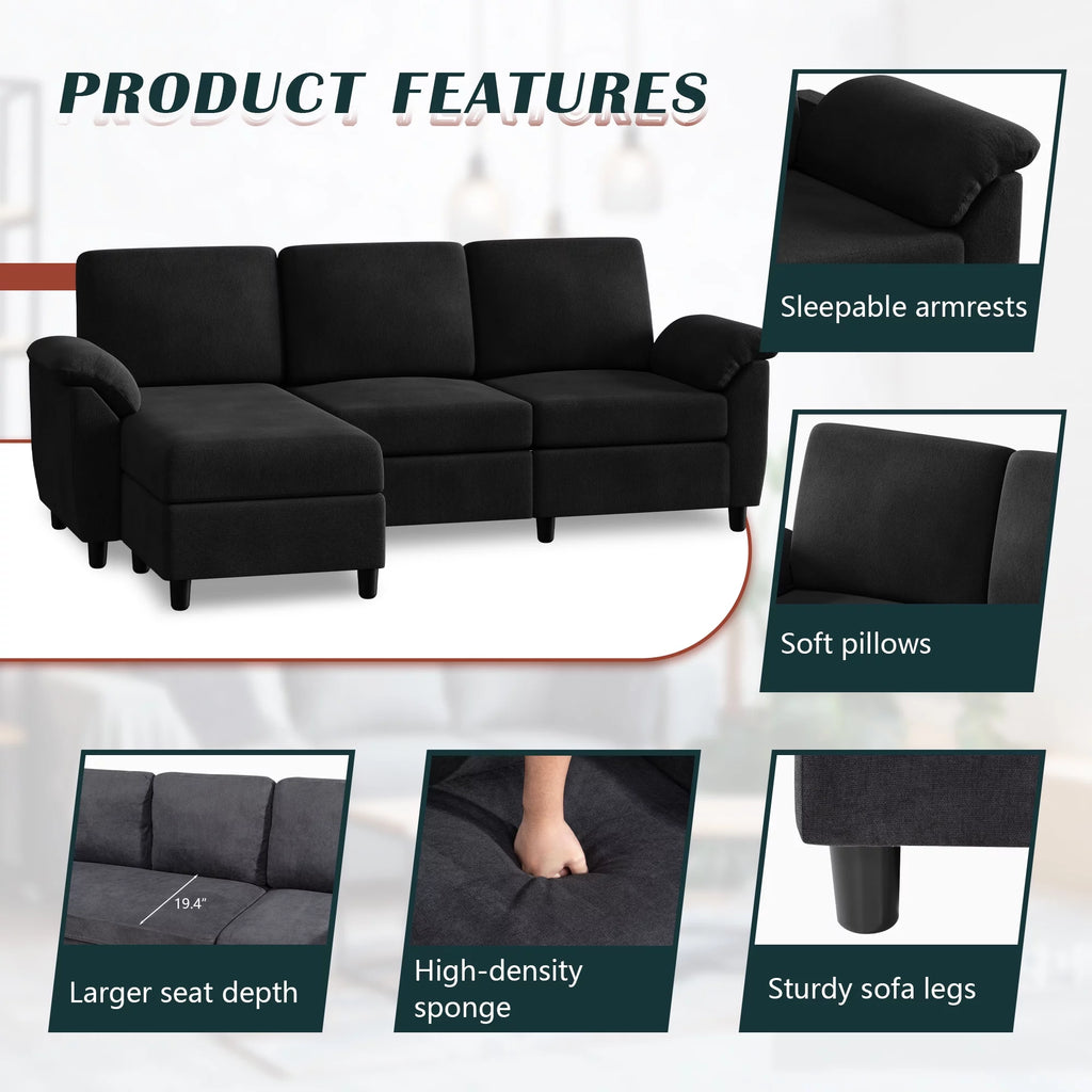 79" Convertible Sectional Sofa Couch, Linen Fabric L Shaped Sofa with Removable Pillows Black V6417