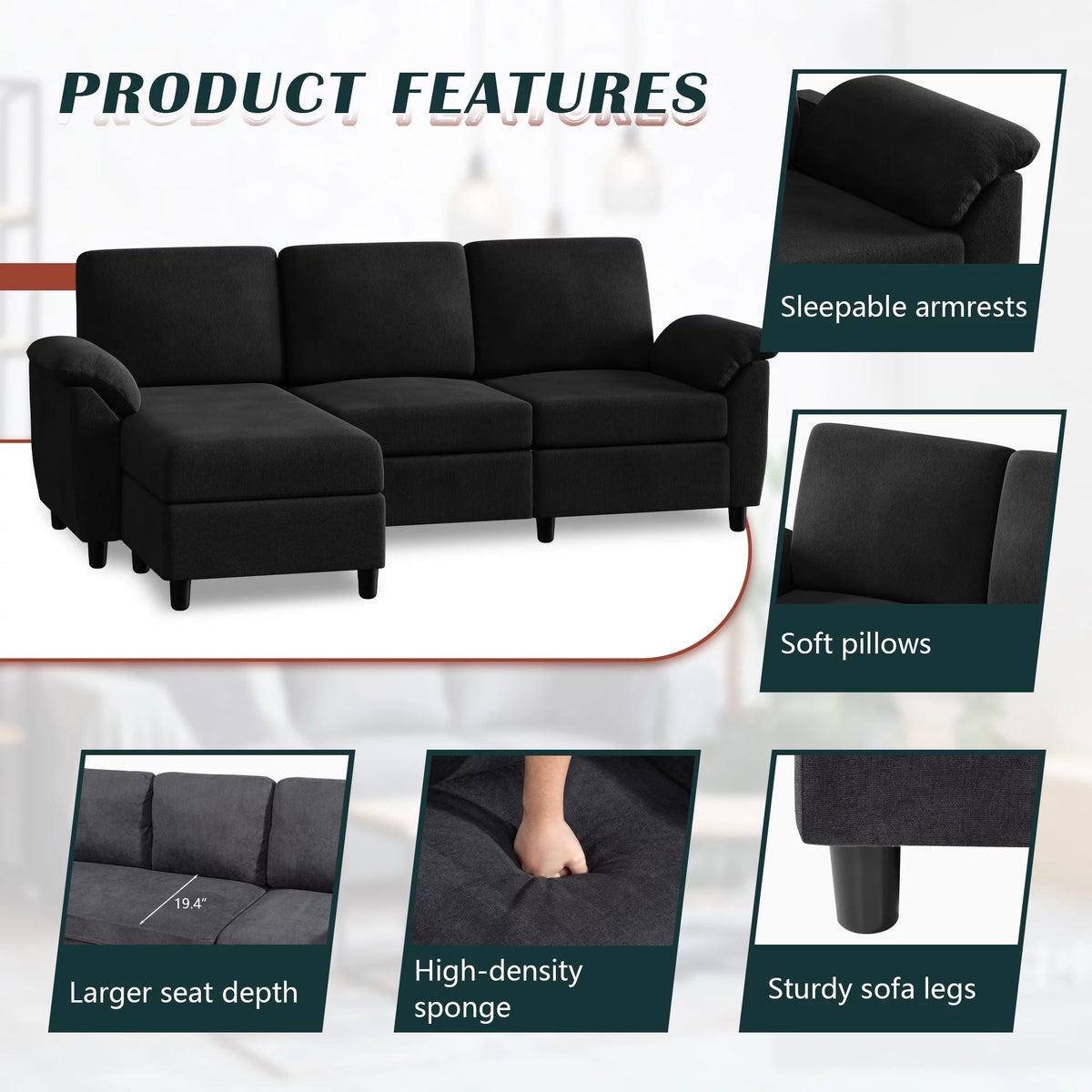 79" Convertible Sectional Sofa Couch, Linen Fabric L Shaped Sofa with Removable Pillows Black V6417