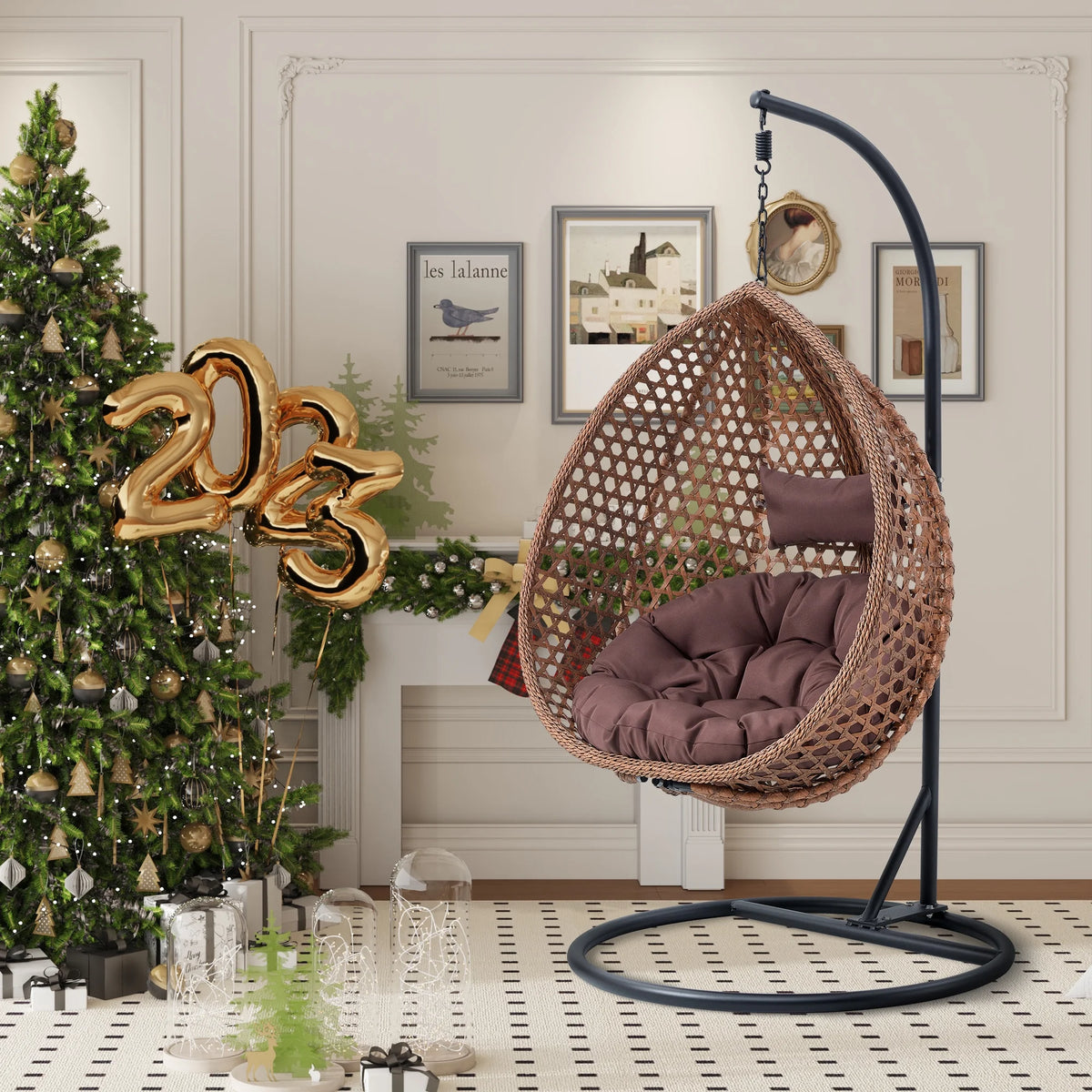 Egg Swing Chair with Stand Rattan Wicker Hanging Chair M323039
