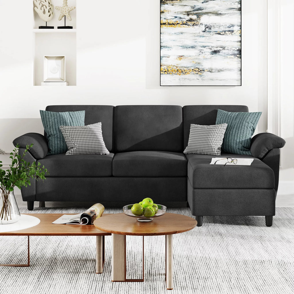 79" Convertible Sectional Sofa Couch, Linen Fabric L Shaped Sofa with Removable Pillows Black V6417