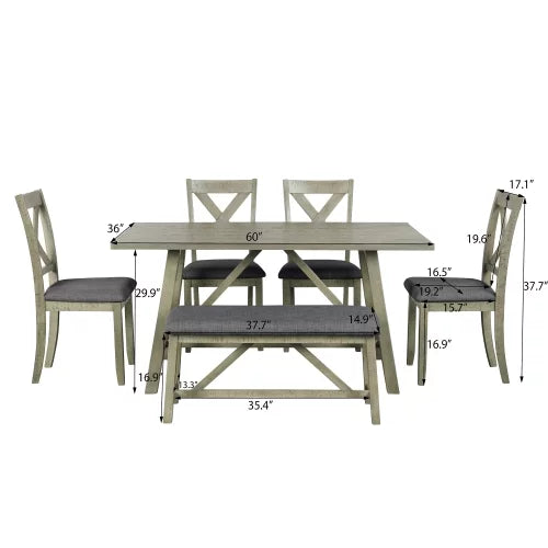 6 Pieces Wooden Rectangular Dining Table Set with Bench and 4 Upholstered Chairs I197593