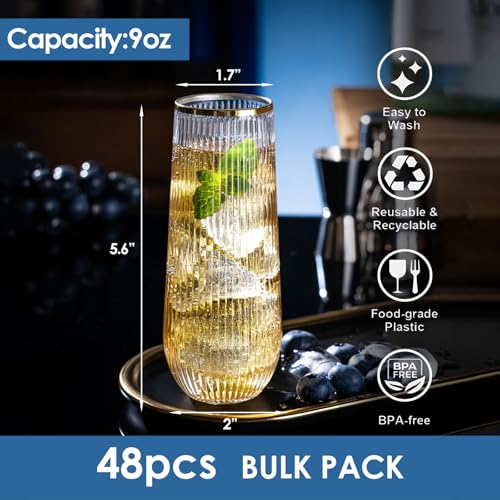 48 Pack 9Oz Plastic Stemless Champagne Flutes A380