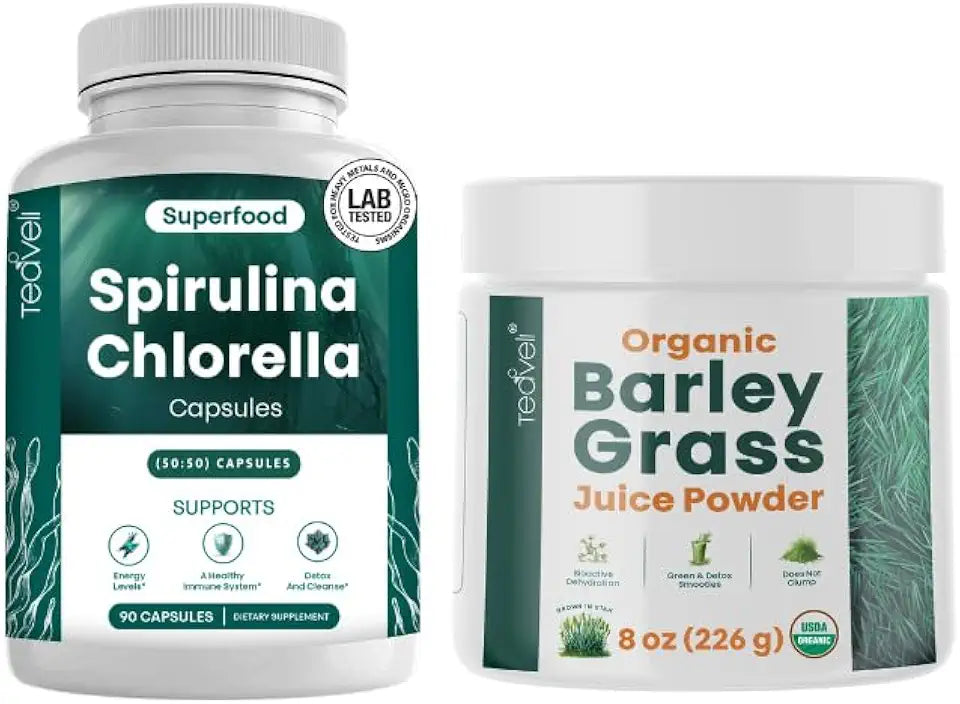 Spirulina and Chlorella Capsules and Barley Grass Juice Powder Bundle H433