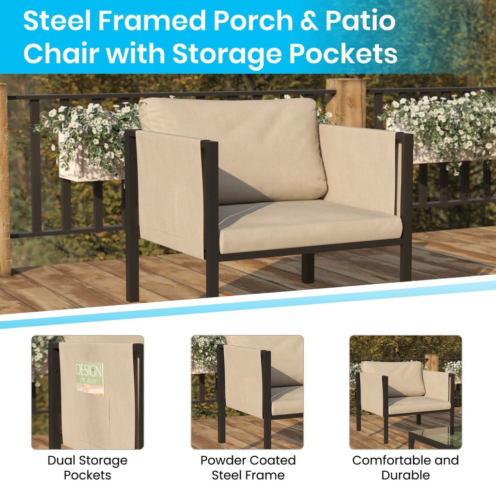 Black Steel Framed Club Chair with Beige Cushions and 2 Storage Pockets H7670