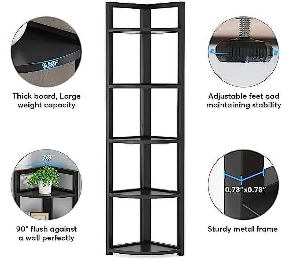 6 Tier 70.9 Inch Tall Corner Bookshelf Black D3480
