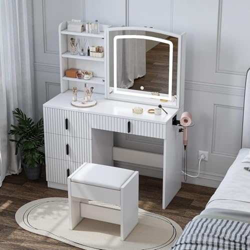 White Vanity Desk with Mirror and Light, 4 Drawers Q390