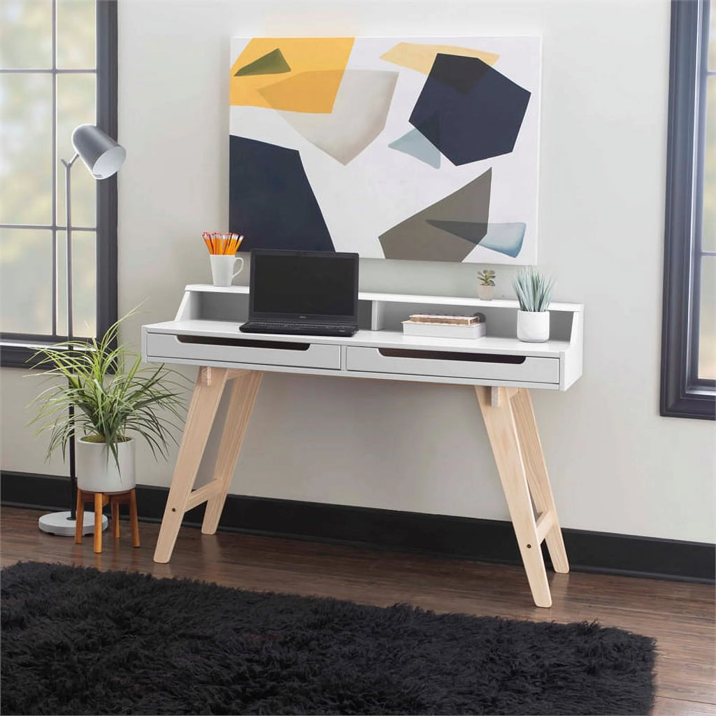 Modern Wood Two Drawer Desk in White Q408