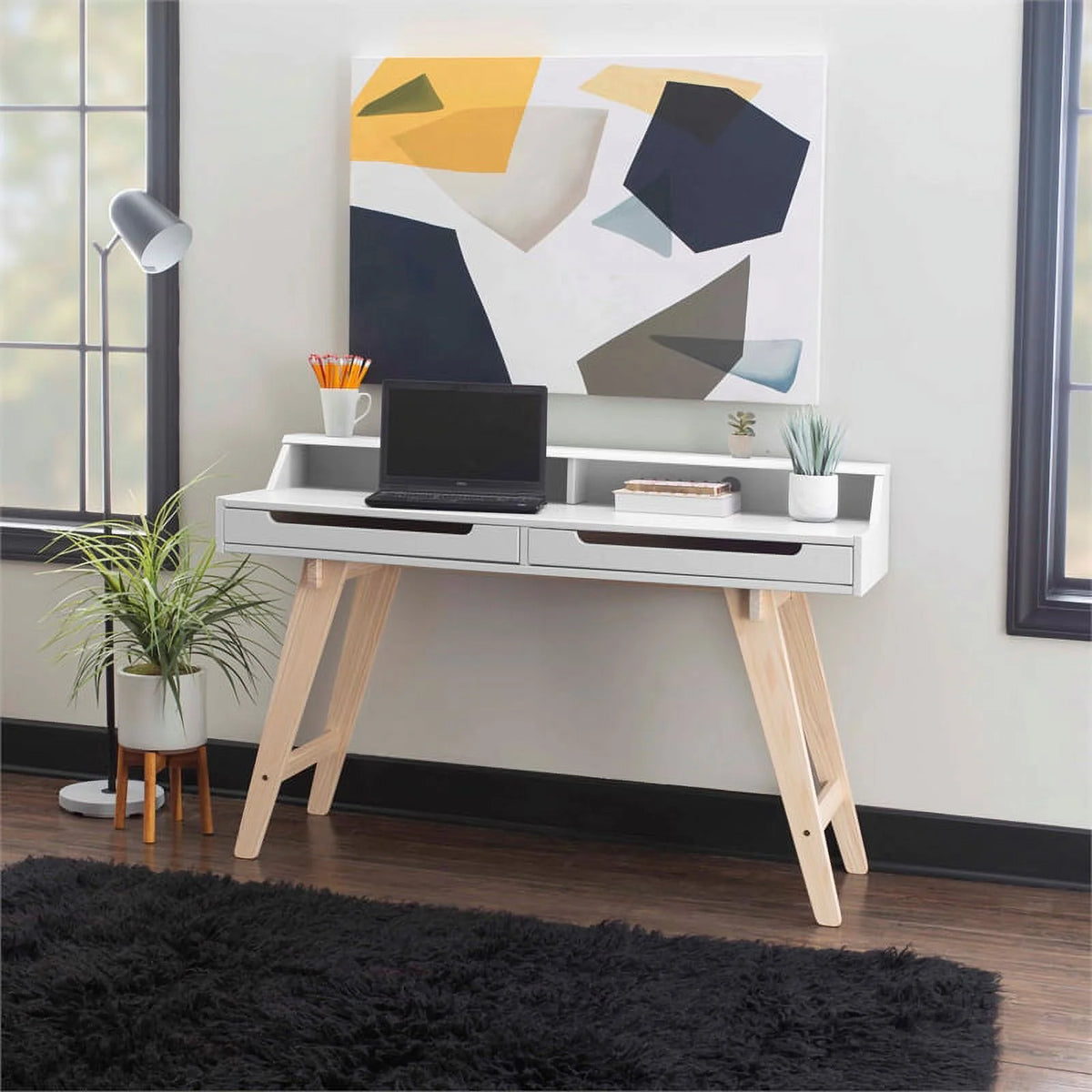 Modern Wood Two Drawer Desk in White Q408