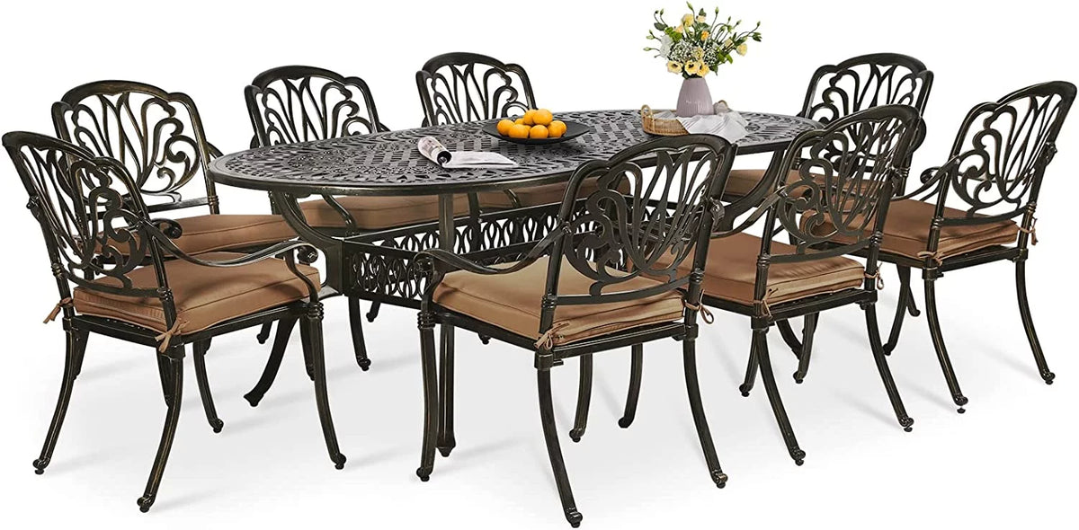 9-Piece Cast Aluminum Patio Dining Set with Umbrella Hole F4651