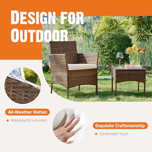 3 Pieces Wicker Rattan Patio Furniture Set with Cushion and Glass Table C818986