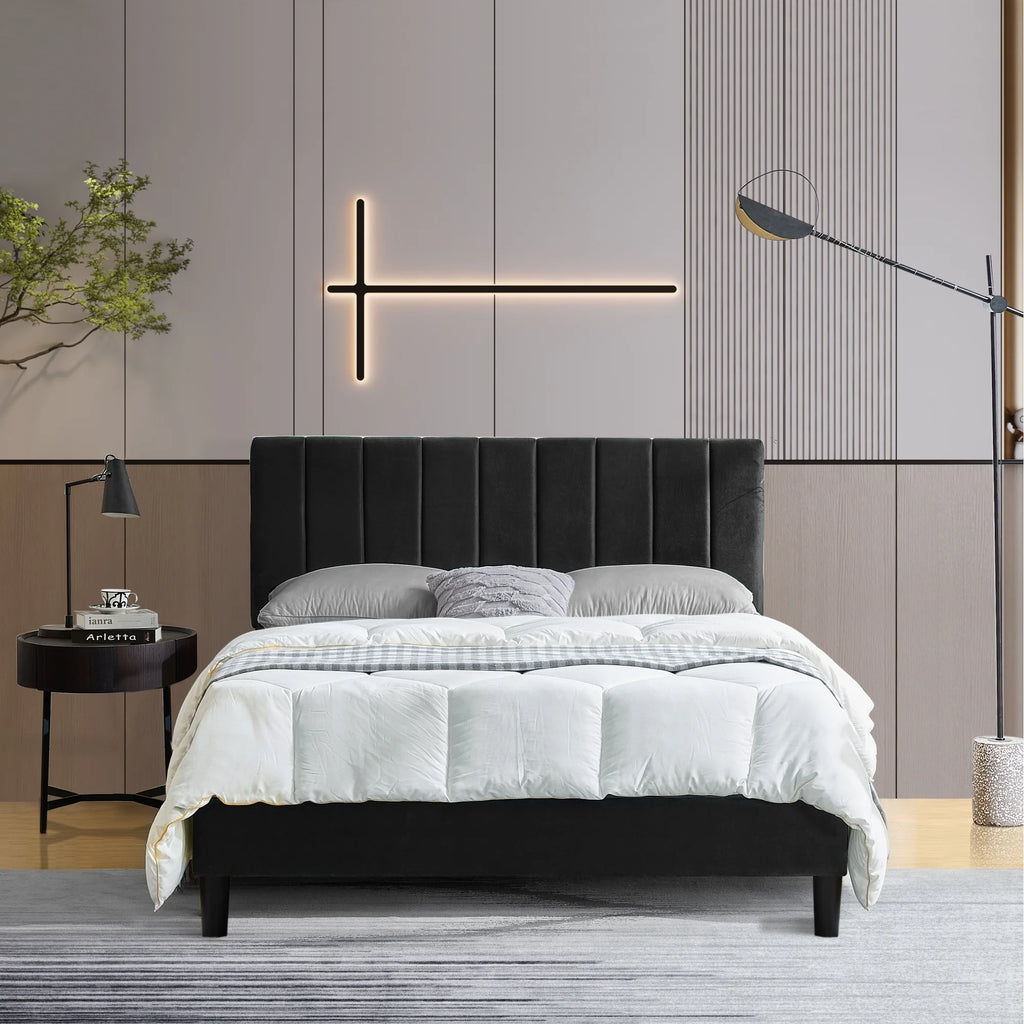 Queen Size Black Platform Bed with Upholstered Headboard C630