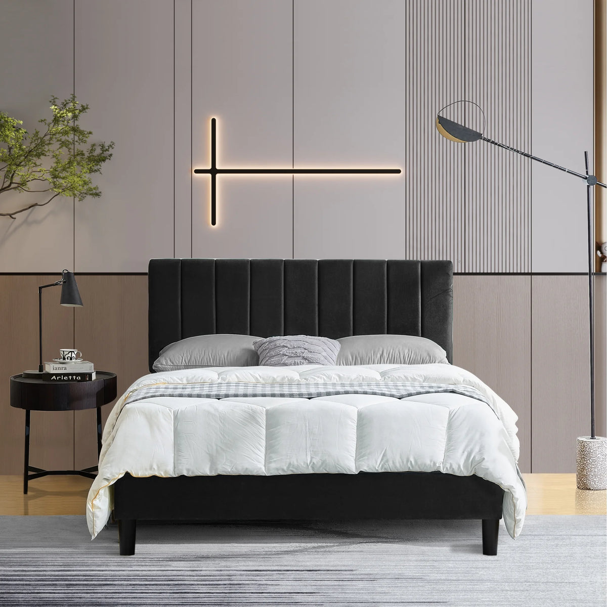 Queen Size Black Platform Bed with Upholstered Headboard C630