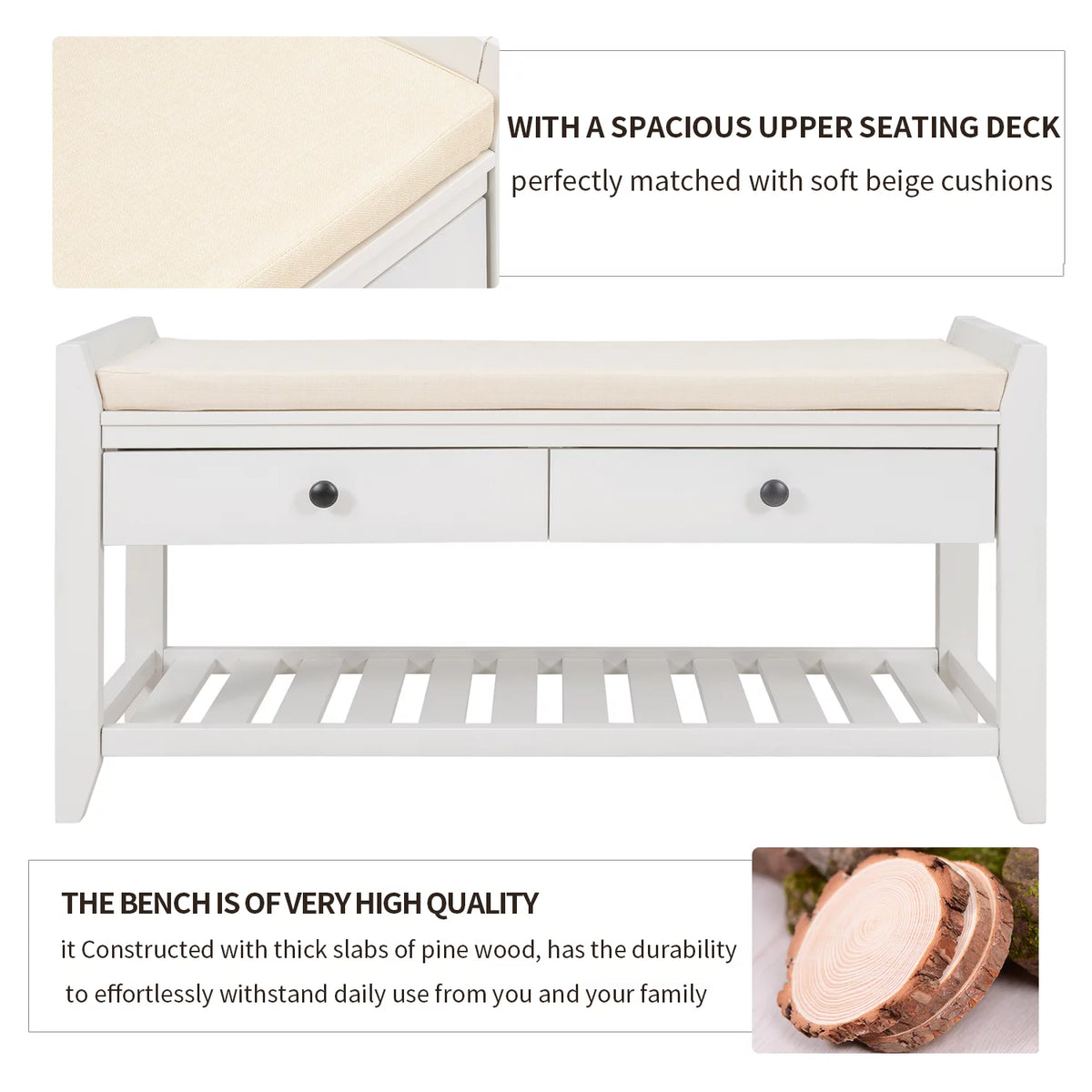 White Shoe Rack with Cushioned Seat and Drawers R30156