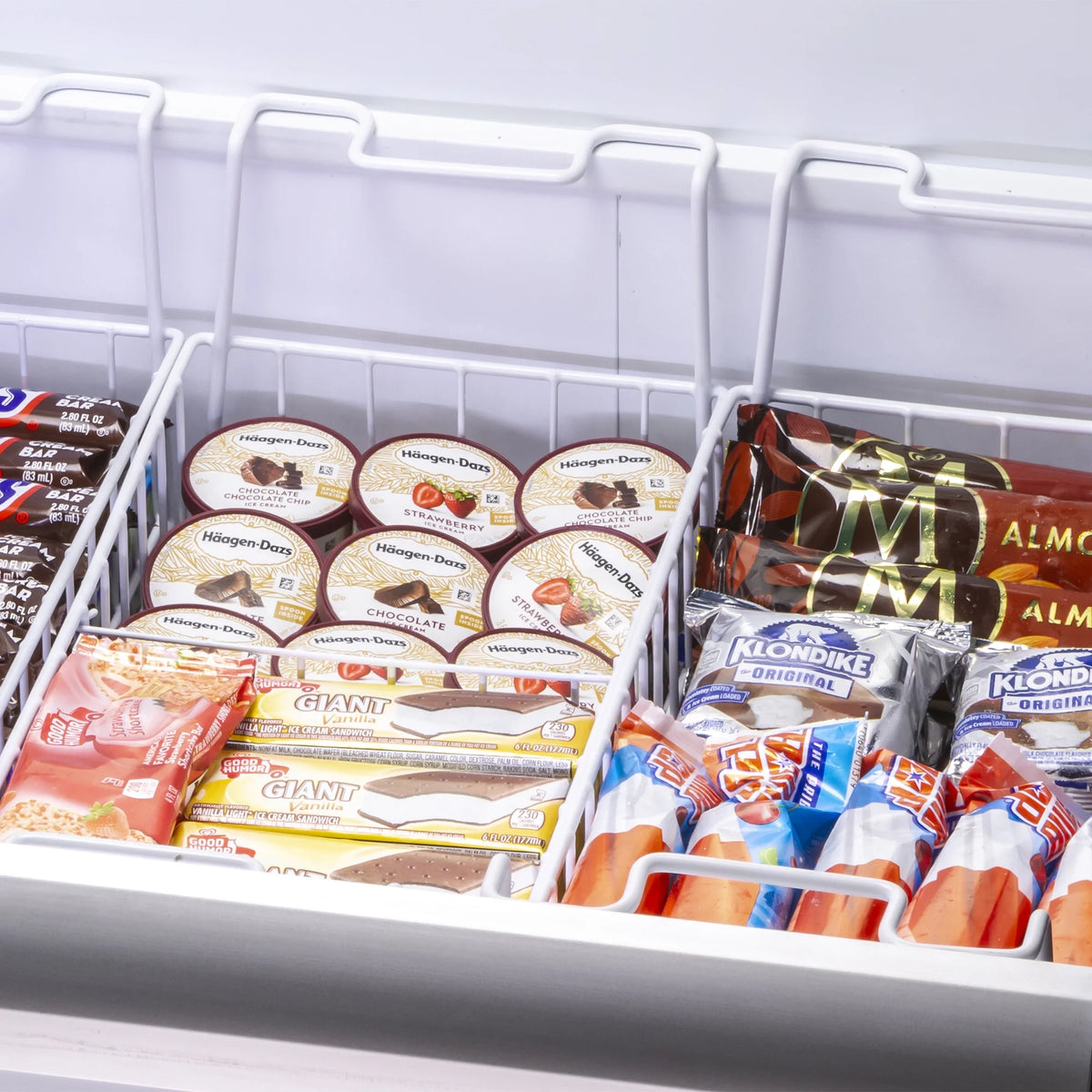 White Curved Glass Top Chest Freezer with 7 Wire Baskets B649