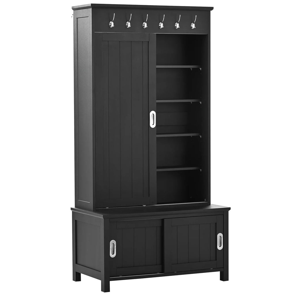 Black Wooden Hall Tree with Bench and Shoe Storage X1396