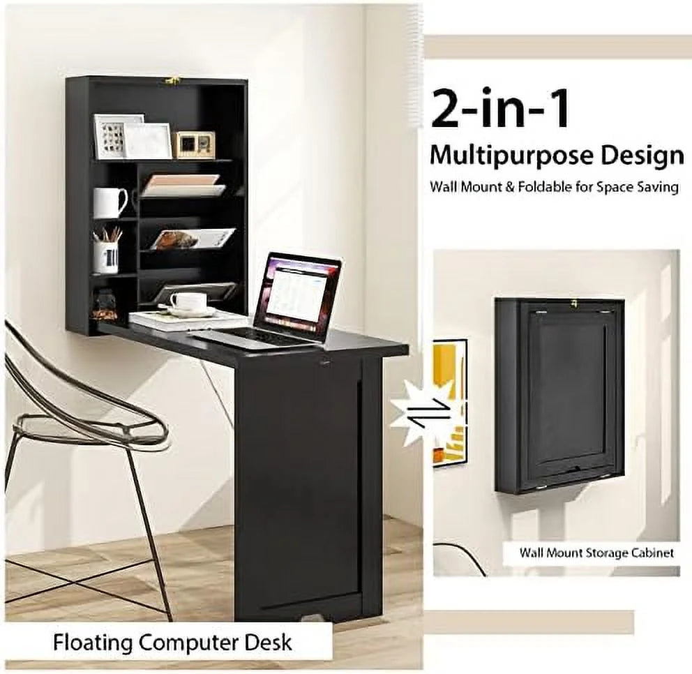 Wall Mounted Foldable Wood Convertible Desk Bookshelf White W516064
