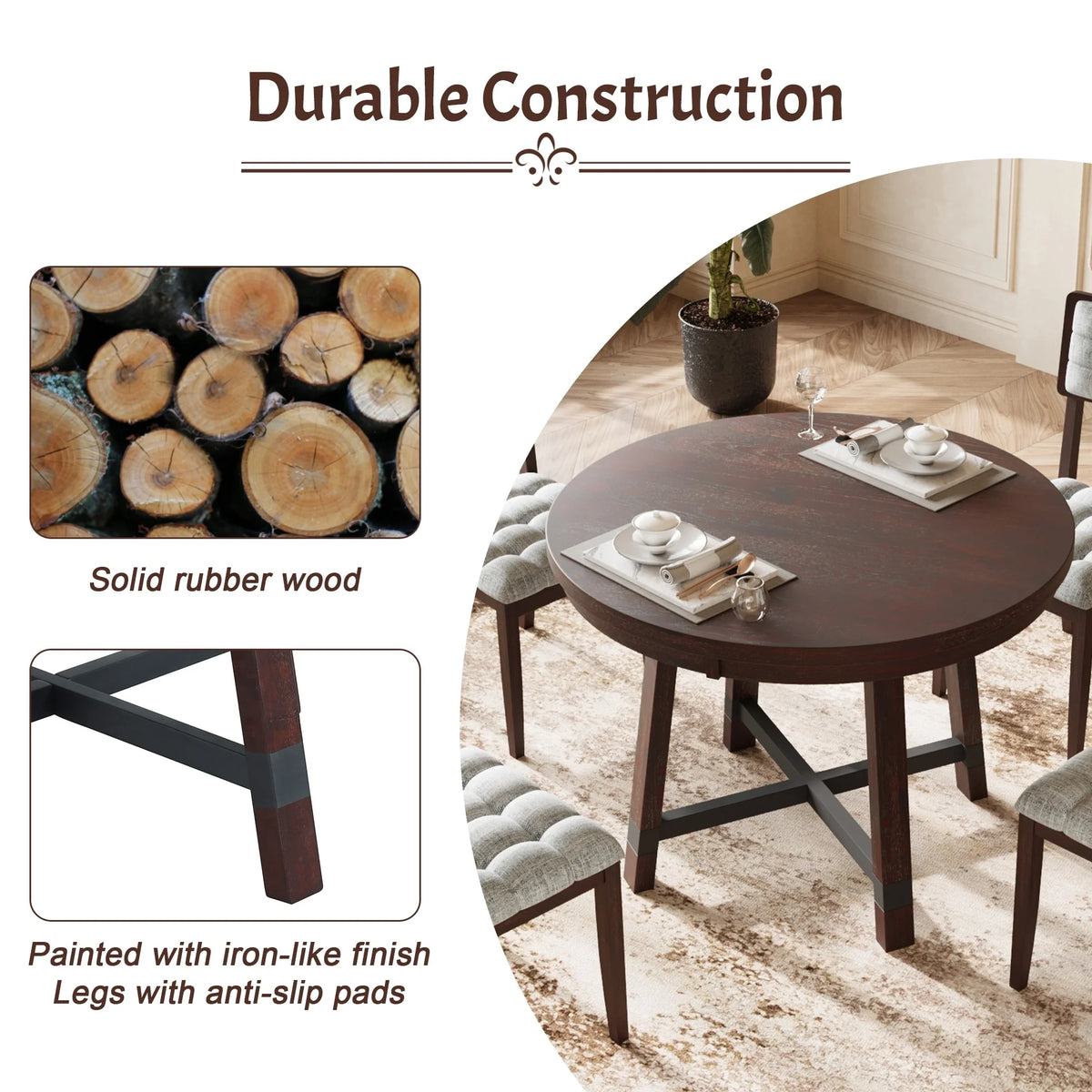 5 Piece Round Dining Table Set with 4 Chairs, Espresso E57847