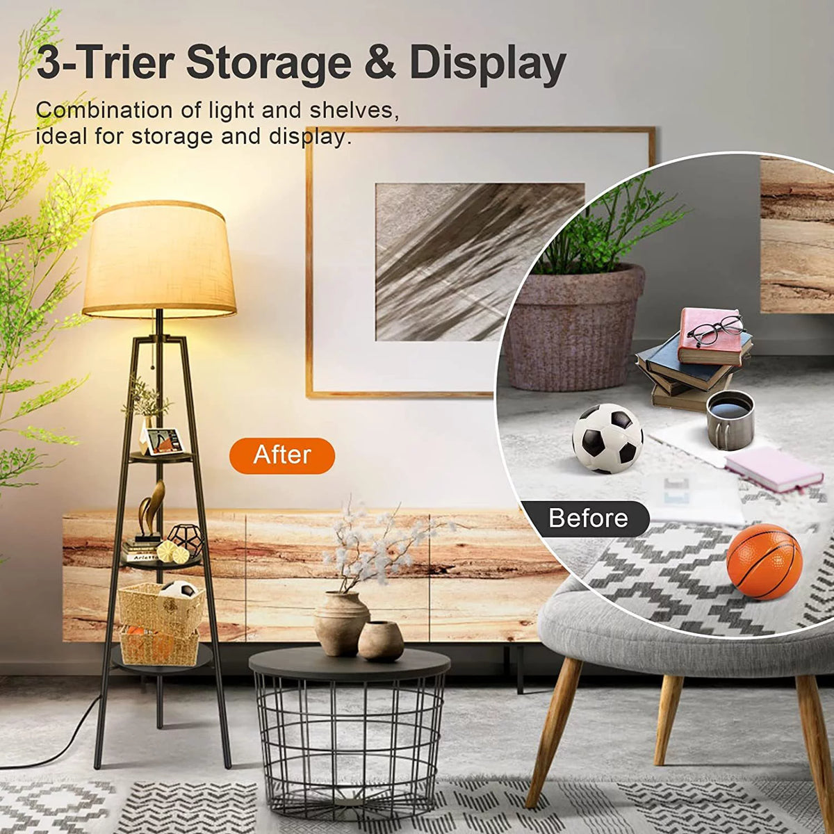 Black Tripod Floor Lamp with Shelves R4678