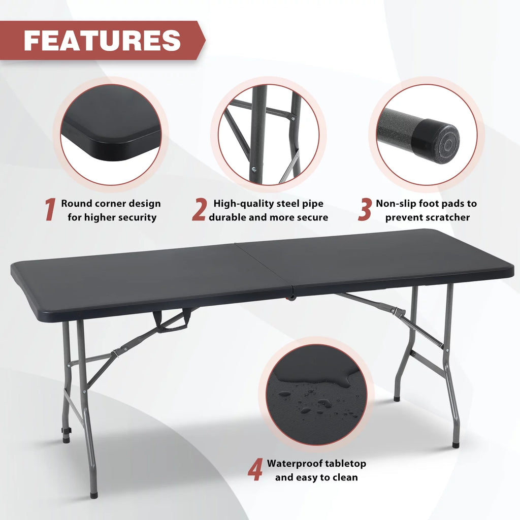 Black 6ft Plastic Folding Table with Carrying Handle K1050