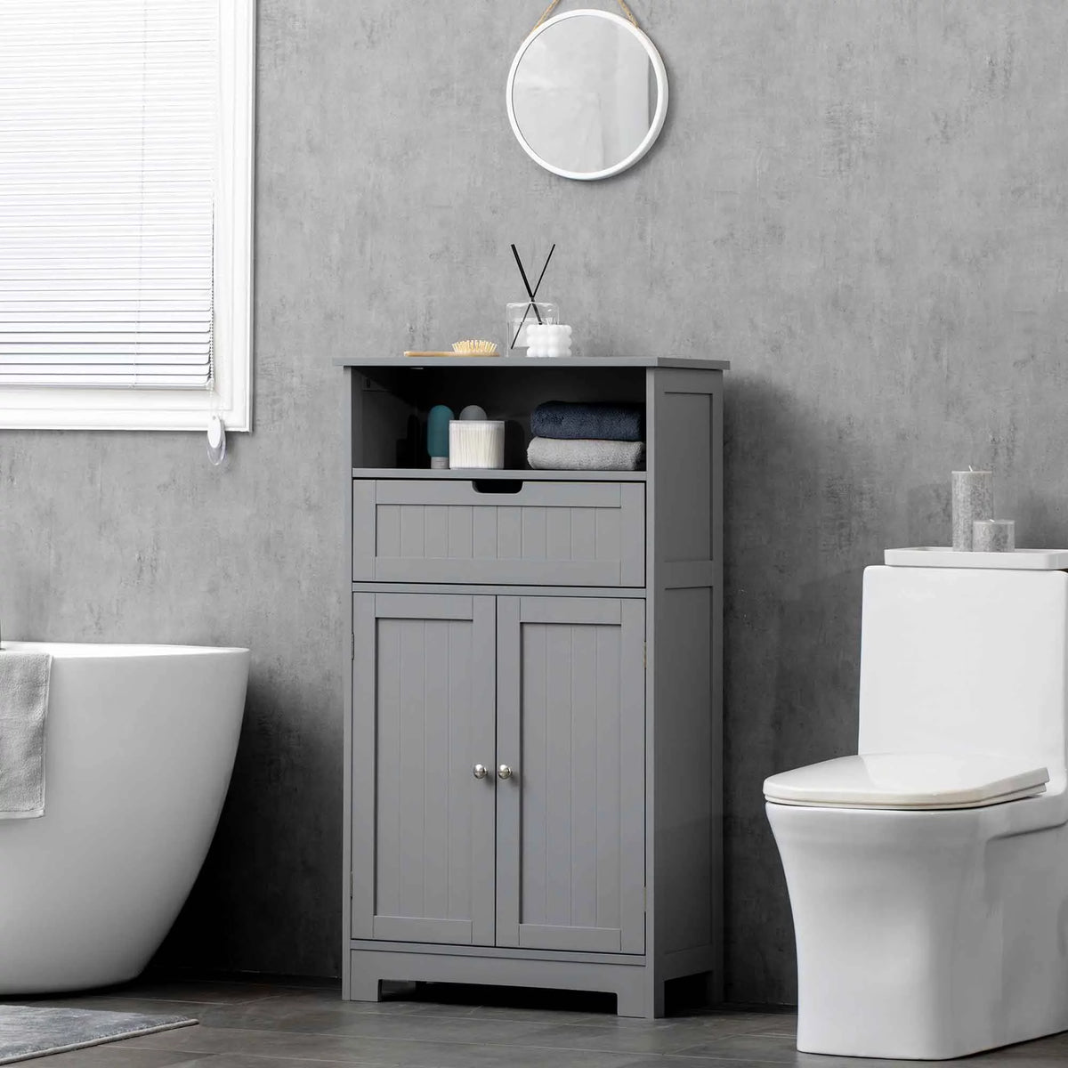 Grey Freestanding Bathroom Storage Cabinet with Drawer and Adjustable Shelf K70029