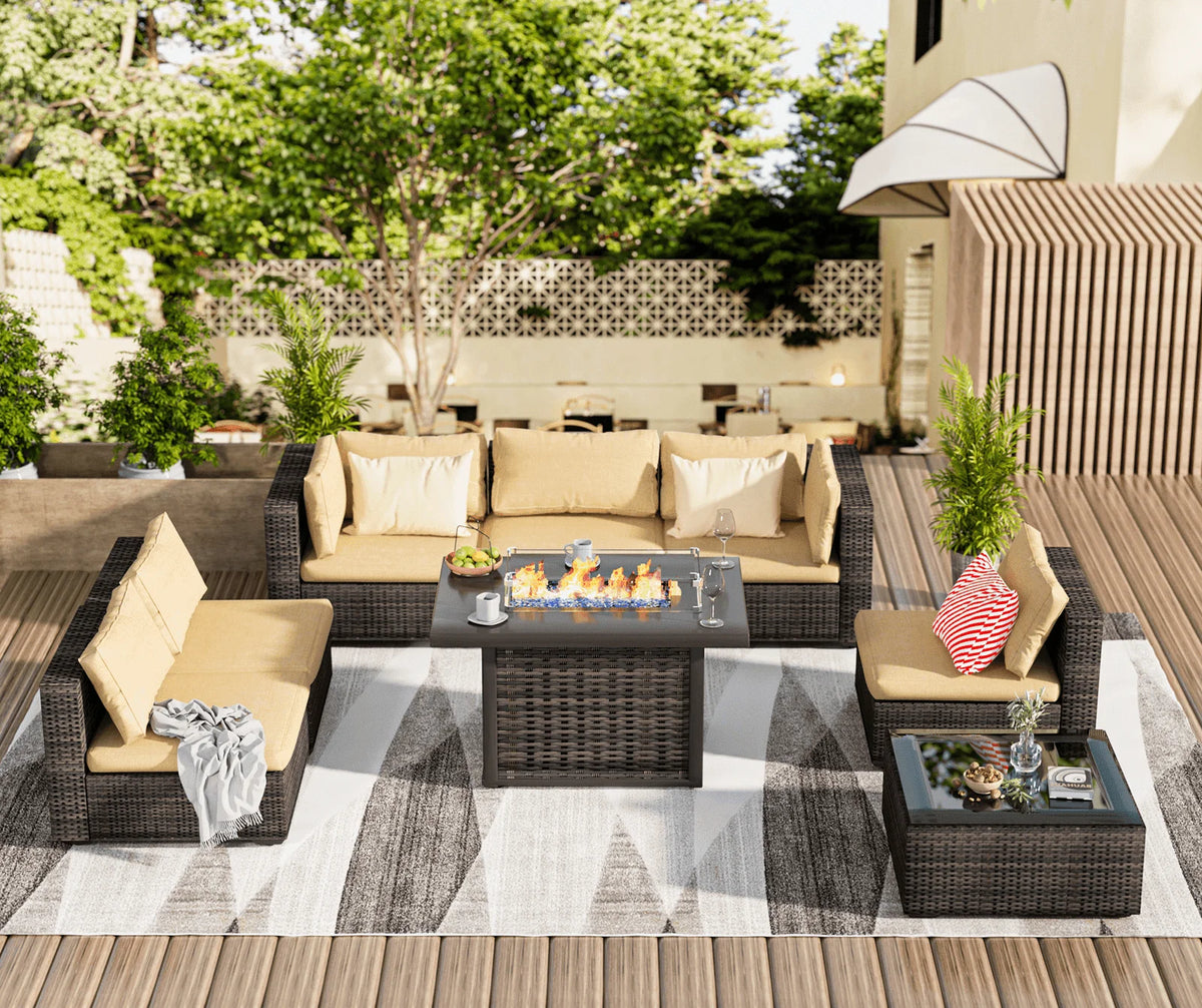 8 Pieces All Weather Wicker Sectional Sofa with Black-Glass Table K1017