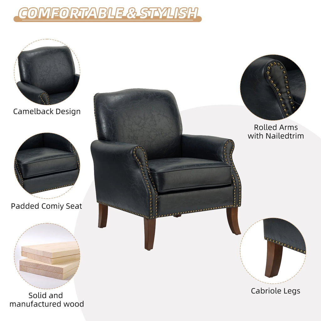 Vegan Leather Upholstered Accent Chair Set of 2 with Solid Wood Legs P895091