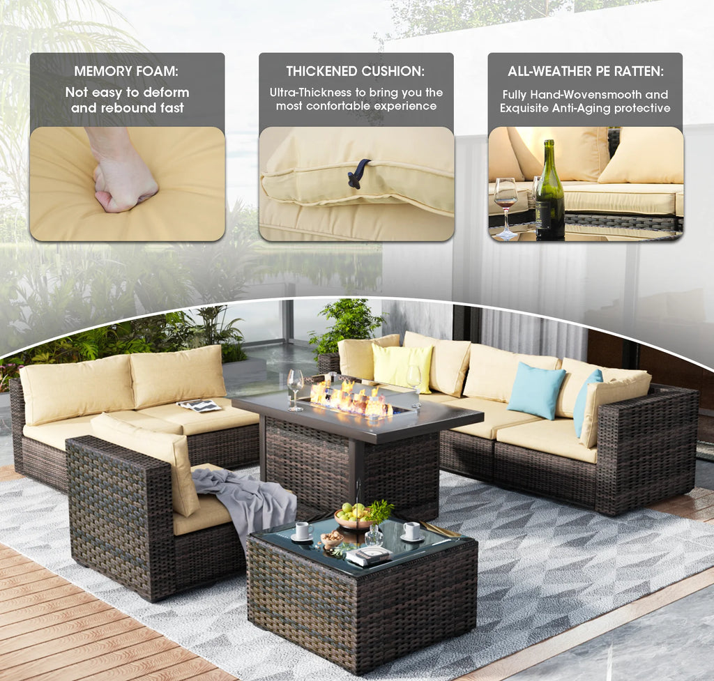 8 Pieces All Weather Wicker Sectional Sofa with Black-Glass Table K1017