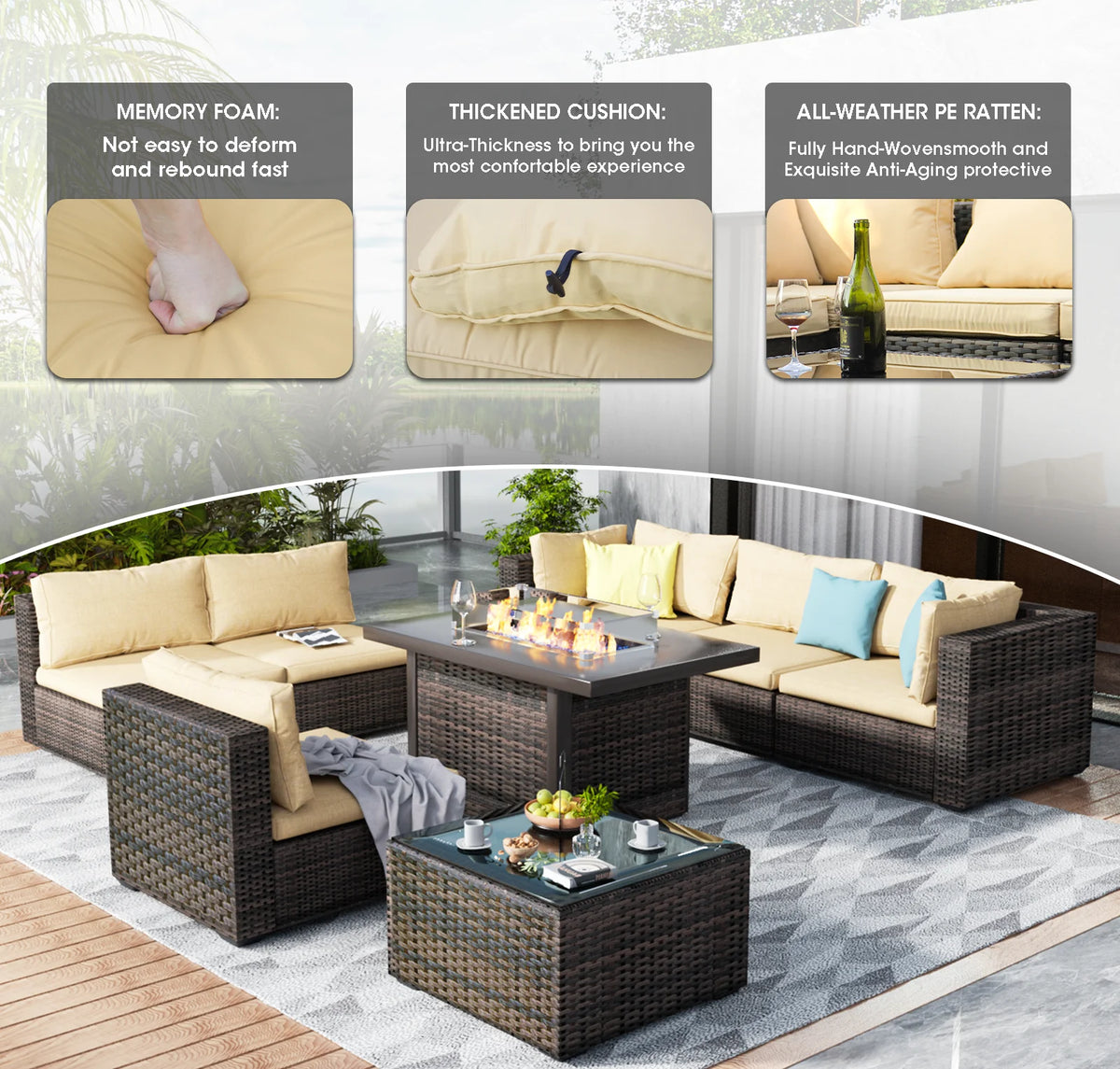 8 Pieces All Weather Wicker Sectional Sofa with Black-Glass Table K1017