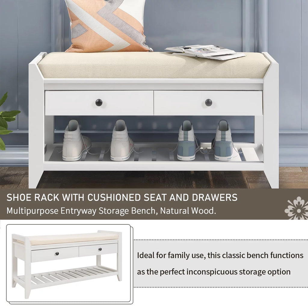 White Shoe Rack with Cushioned Seat and Drawers R30156