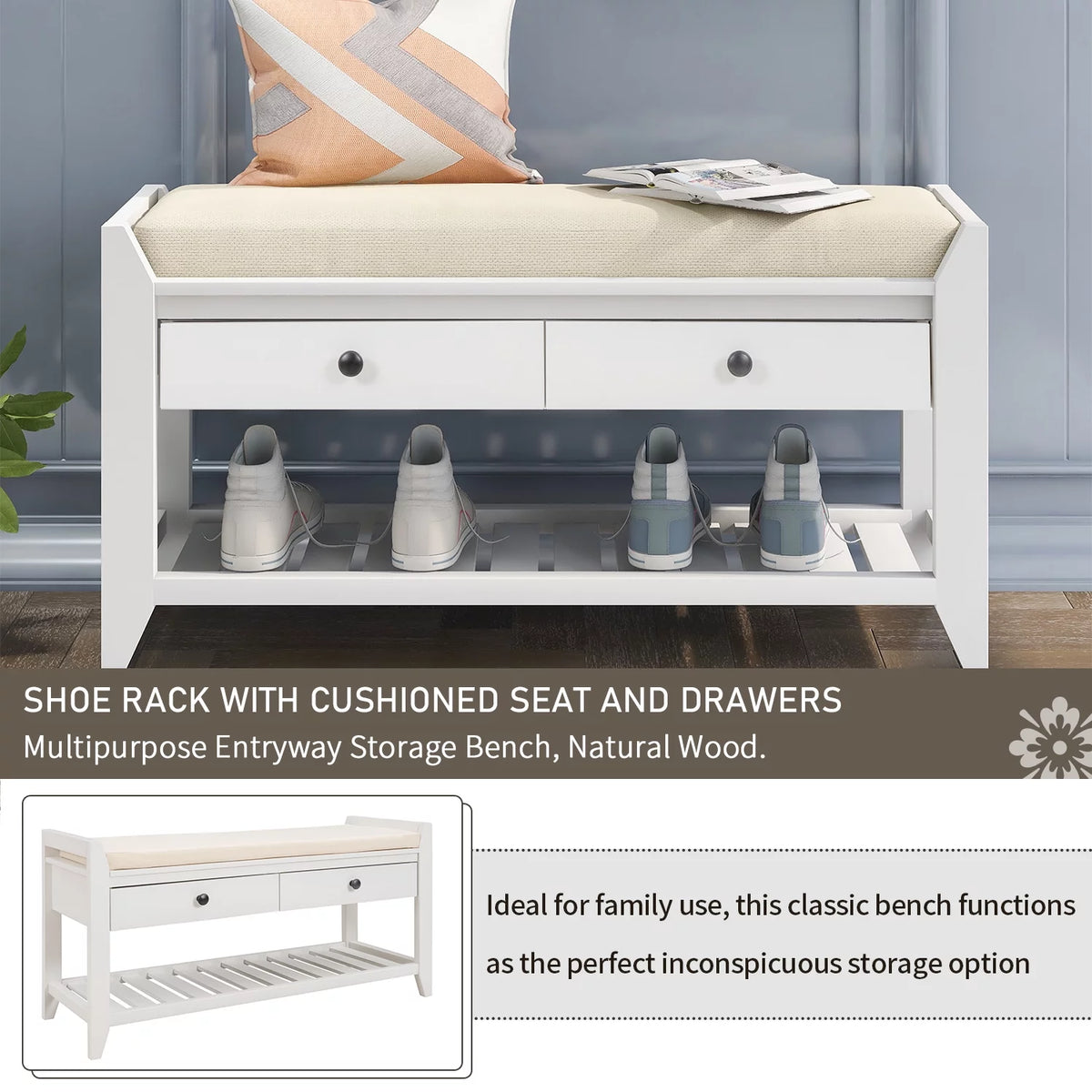 White Shoe Rack with Cushioned Seat and Drawers R30156