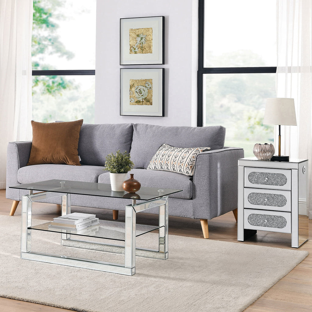 3 Drawer Mirrored Nightstand with Wireless Charging Station I112