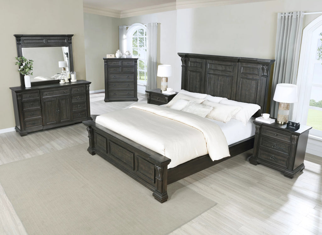 Dark Walnut Wood Panel Queen Bed Dresser Mirror Two Nightstands Chest J273