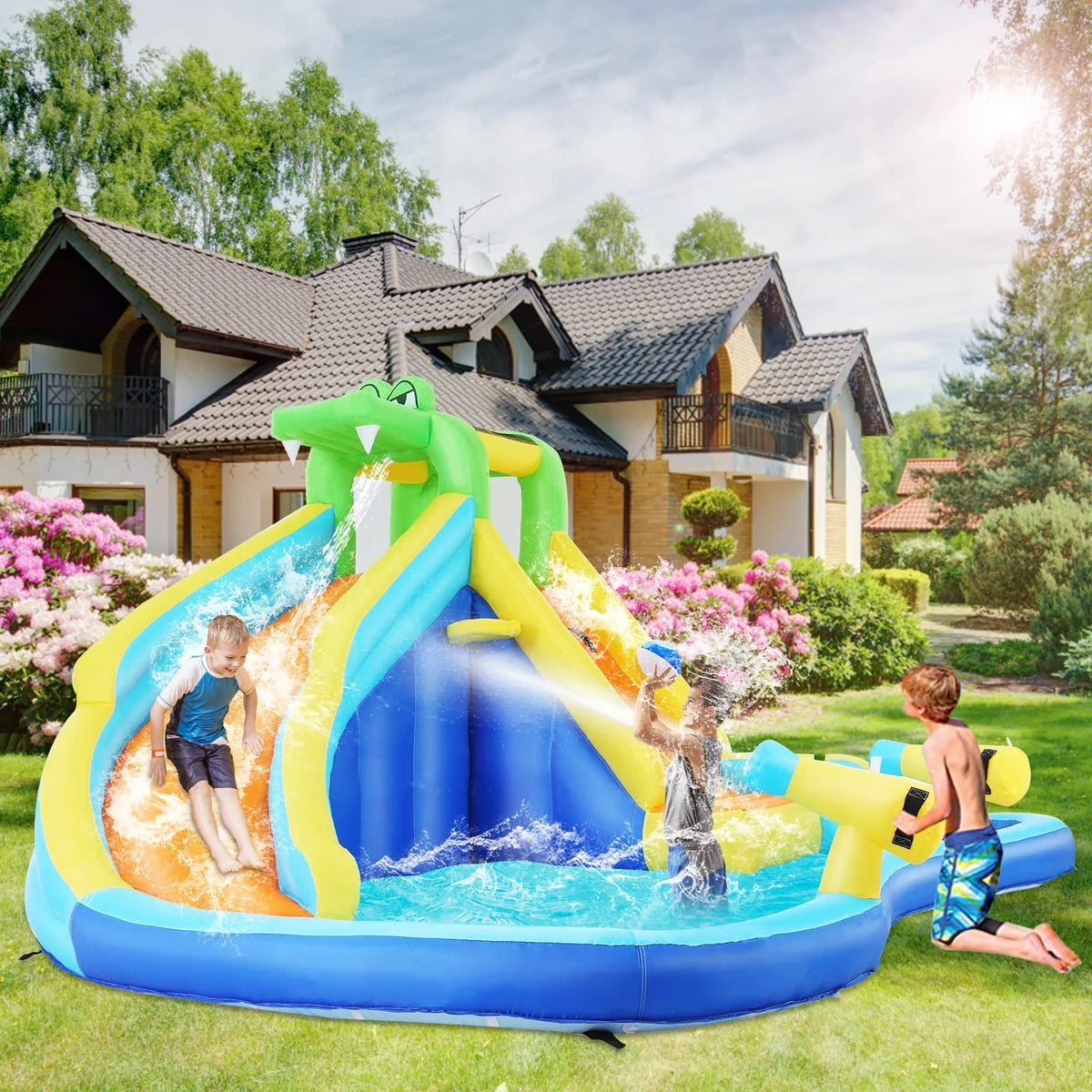 Inflatable Bounce House with Water Slide and Spray Pool X337938