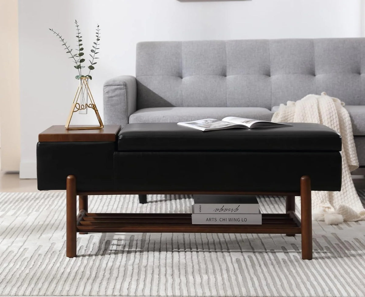 Black Leather Storage Bench with Shoe Rack F4308