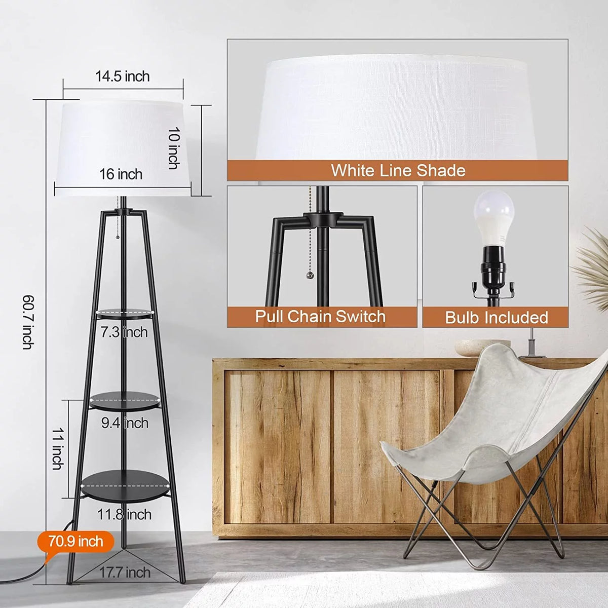 Black Tripod Floor Lamp with Shelves R4678